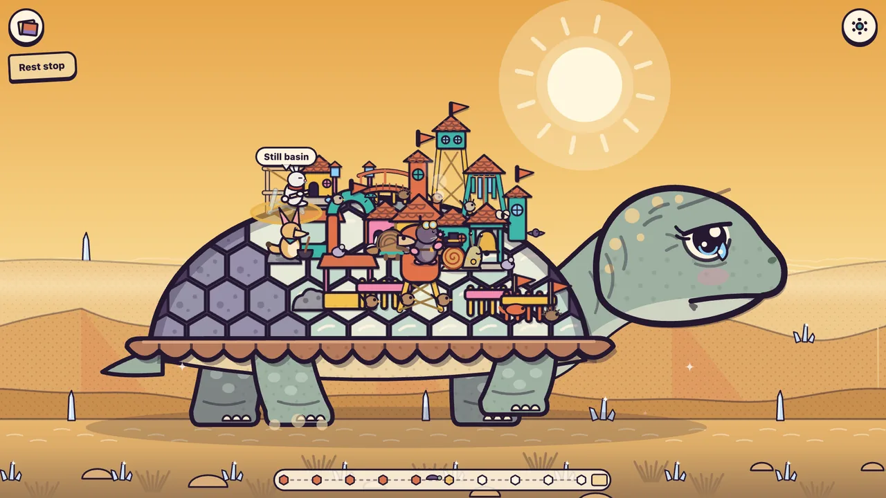 Amabel crossing a golden desert with a busy, colorful town on her shell