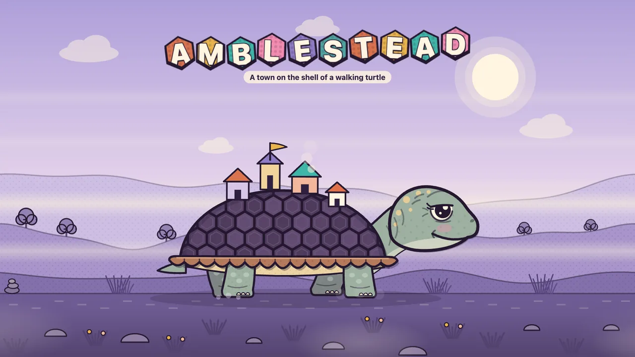 Amabel, a giant green turtle with a little town on her shell, walking through a lilac valley under the Amblestead logo